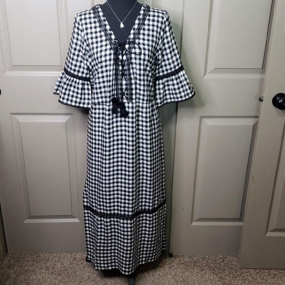 NWT POL Black and White Checkered Boho Maxi/Midi Dress Size Small